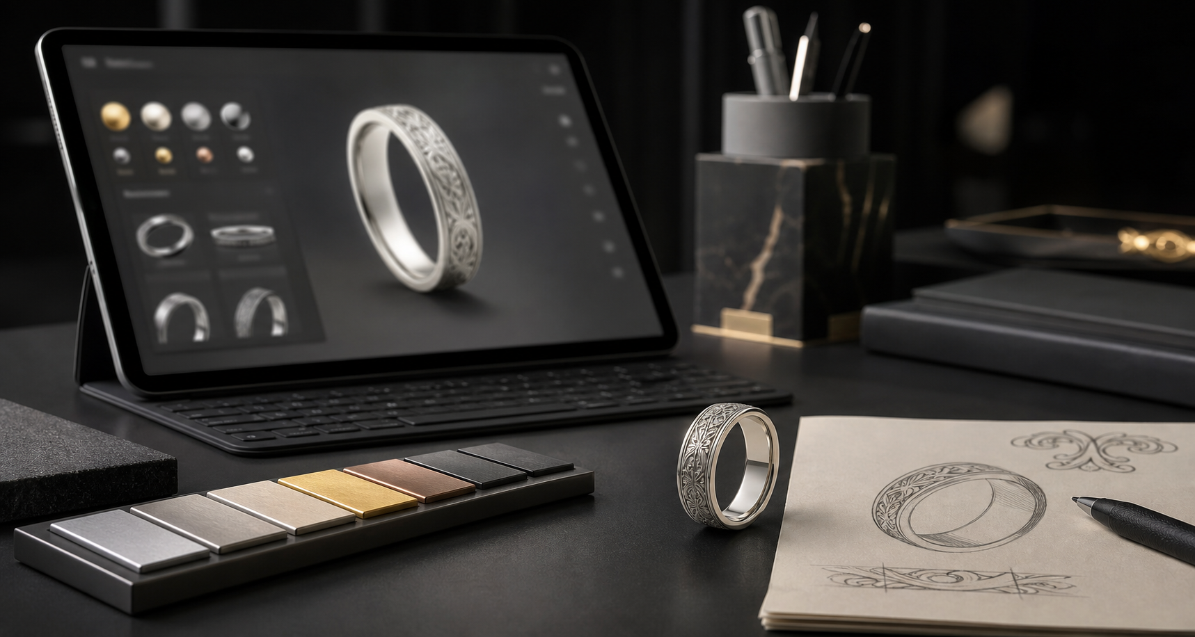 Ring Designer Online product photo with a custom ring, design screen, material swatches, and sketch notes
